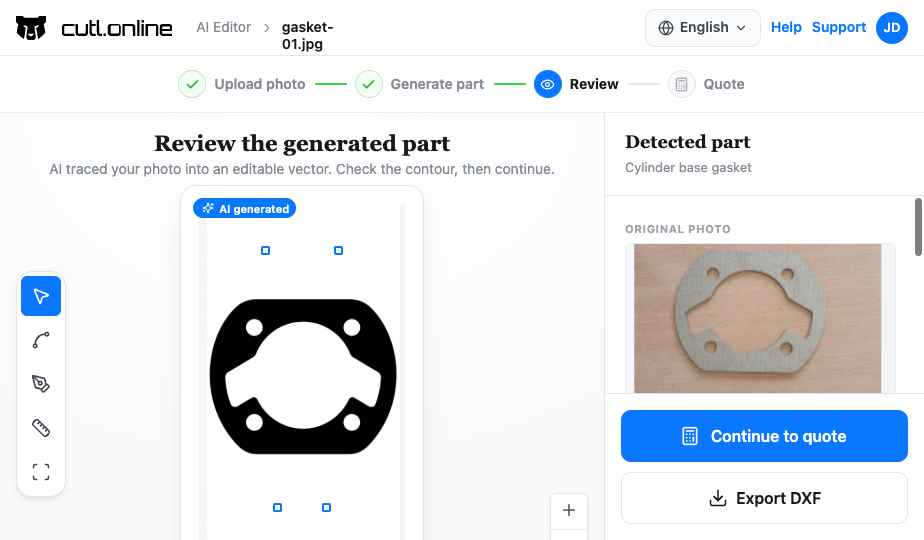 CUTL online AI DXF editor cleaning up part geometry